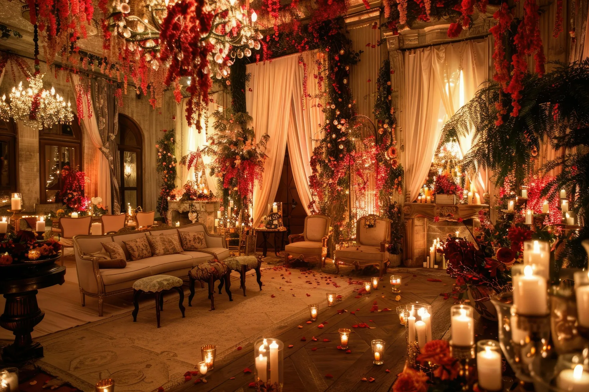 A drawing room lit entirely by candles