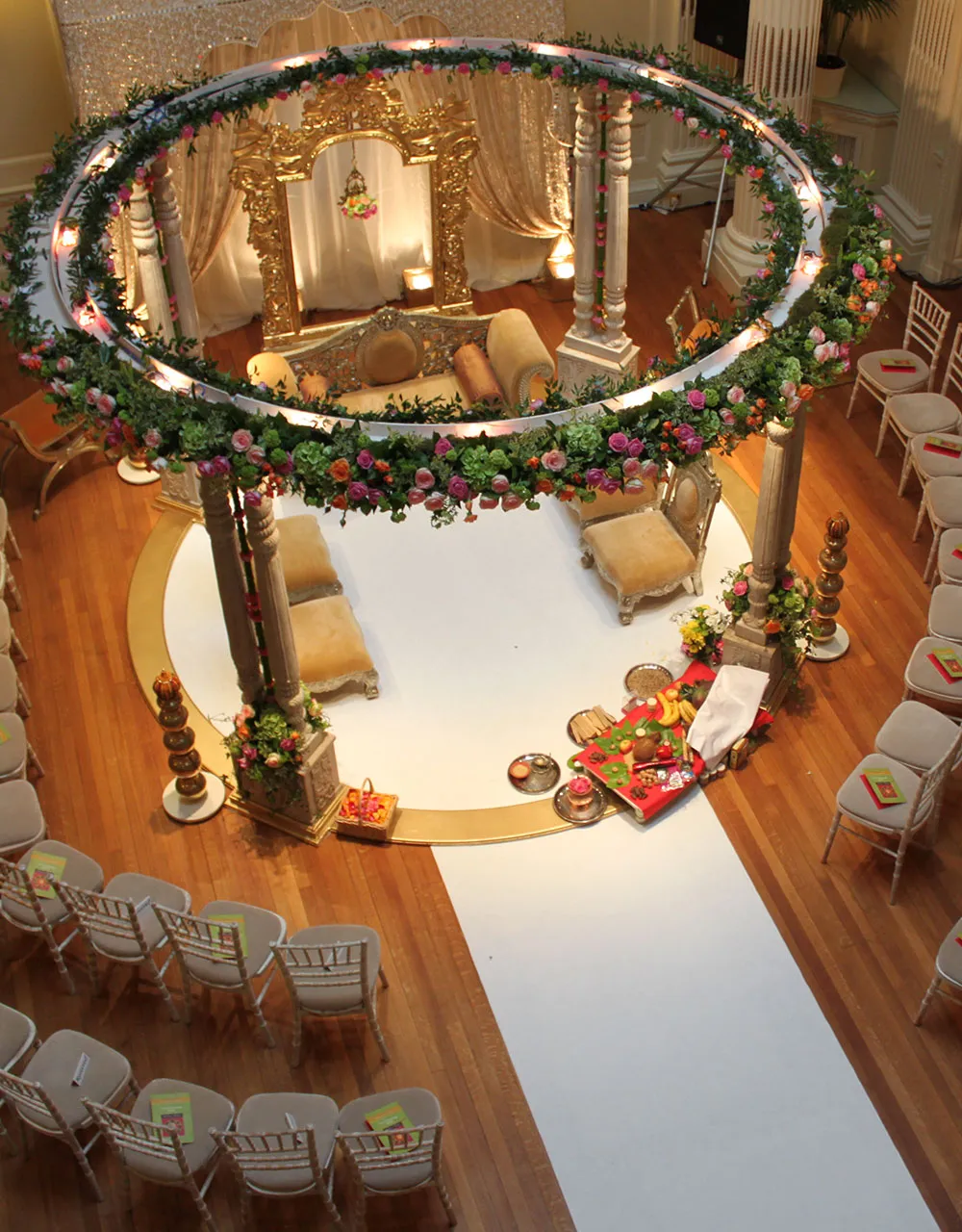 A floral mandap seen from above